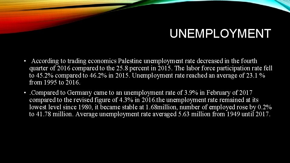 UNEMPLOYMENT • According to trading economics Palestine unemployment rate decreased in the fourth quarter