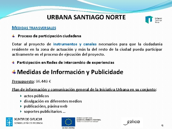 URBANA SANTIAGO NORTE MEDIDAS TRANSVERSALES Proceso de participación ciudadana Dotar al proyecto de instrumentos