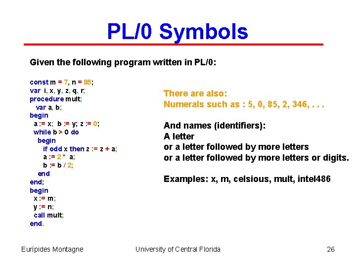 PL/0 Symbols Given the following program written in PL/0: const m = 7, n