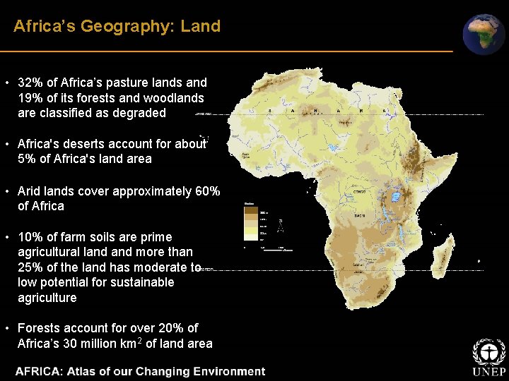 Africa’s Geography: Land • 32% of Africa’s pasture lands and 19% of its forests