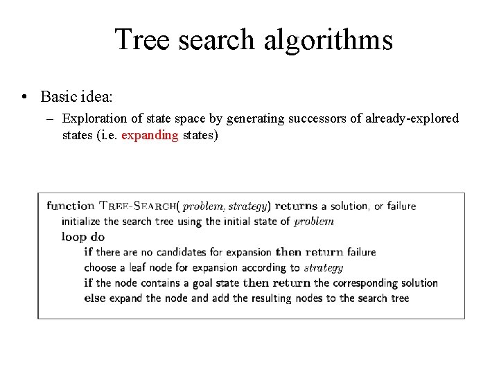 Tree search algorithms • Basic idea: – Exploration of state space by generating successors