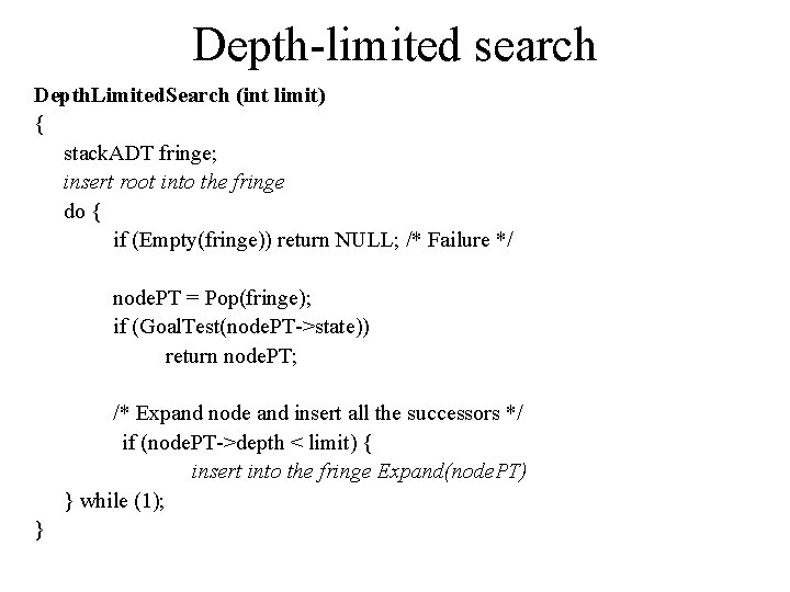 Depth-limited search Depth. Limited. Search (int limit) { stack. ADT fringe; insert root into