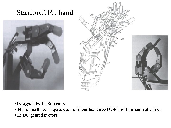 Stanford/JPL hand • Designed by K. Salisbury • Hand has three fingers, each of