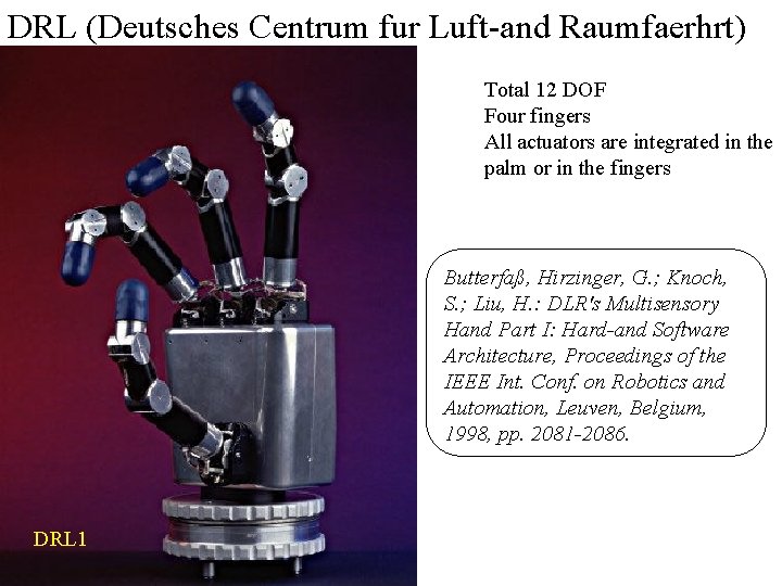 DRL (Deutsches Centrum fur Luft-and Raumfaerhrt) Total 12 DOF Four fingers All actuators are