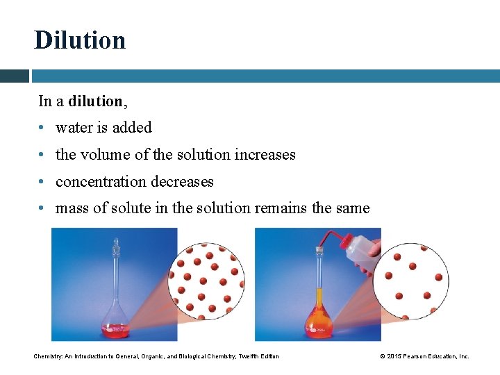 Dilution In a dilution, • water is added • the volume of the solution
