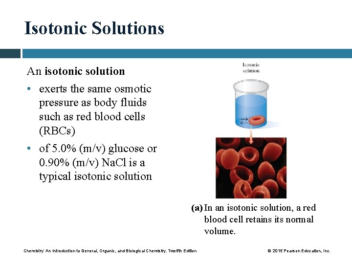 Isotonic Solutions An isotonic solution • exerts the same osmotic pressure as body fluids