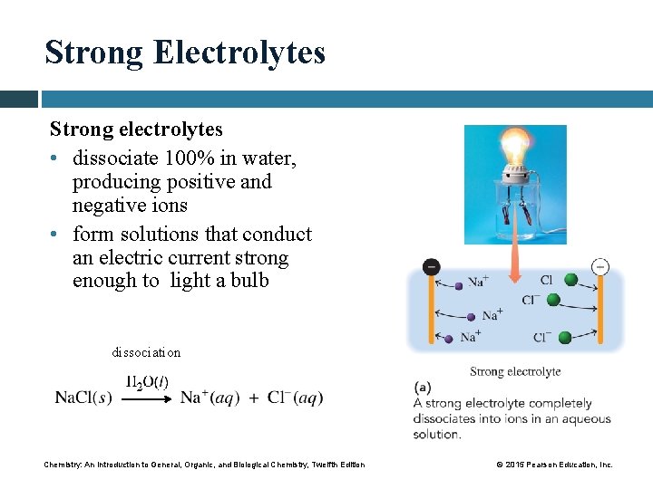 Strong Electrolytes Strong electrolytes • dissociate 100% in water, producing positive and negative ions