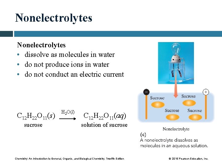 Nonelectrolytes • dissolve as molecules in water • do not produce ions in water