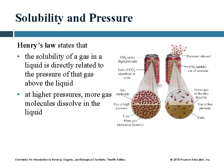Solubility and Pressure Henry’s law states that • the solubility of a gas in