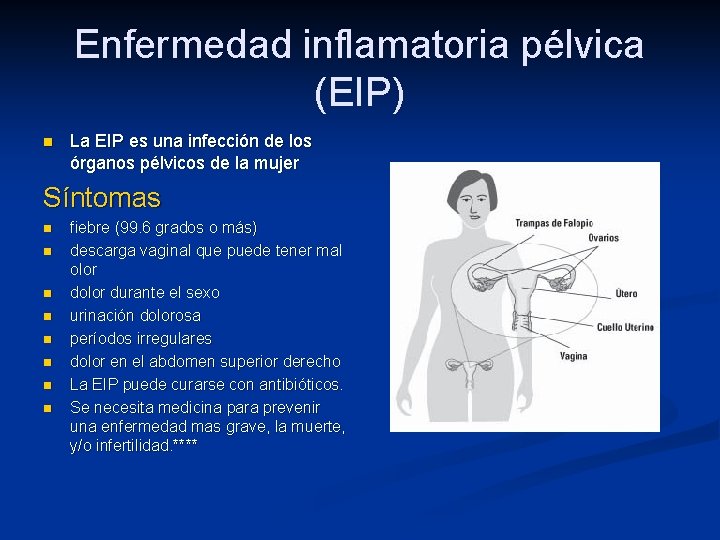 Enfermedad inflamatoria pélvica (EIP) n La EIP es una infección de los órganos pélvicos