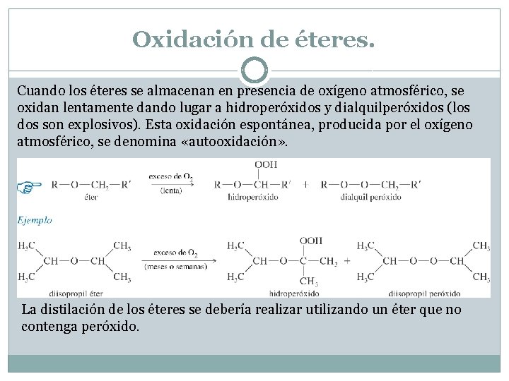Oxidación de éteres. Cuando los éteres se almacenan en presencia de oxígeno atmosférico, se