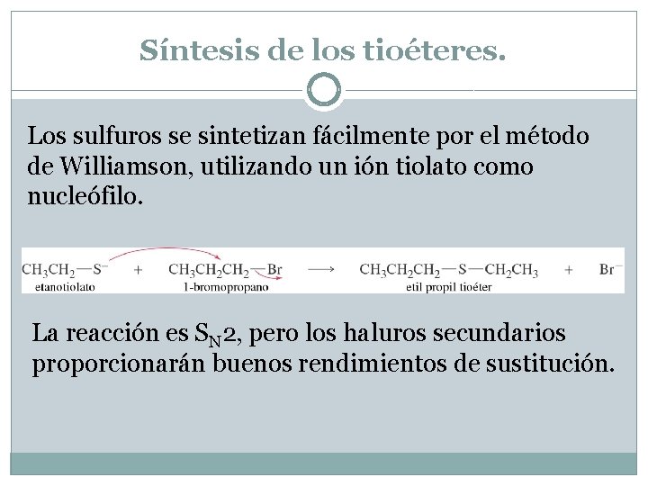 Síntesis de los tioéteres. Los sulfuros se sintetizan fácilmente por el método de Williamson,