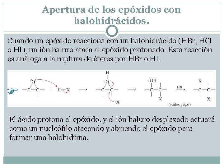 Apertura de los epóxidos con halohidrácidos. Cuando un epóxido reacciona con un halohidrácido (HBr,