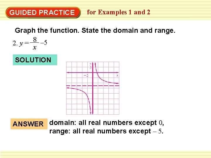 GUIDED PRACTICE for Examples 1 and 2 Graph the function. State the domain and GUIDED PRACTICE for Examples 1 and 2 Graph the function. State the domain and