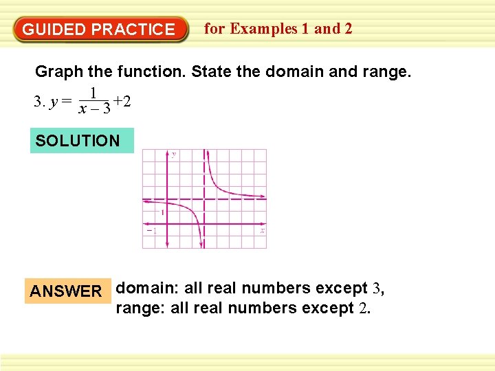 GUIDED PRACTICE for Examples 1 and 2 Graph the function. State the domain and GUIDED PRACTICE for Examples 1 and 2 Graph the function. State the domain and