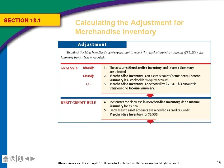 SECTION 18. 1 Calculating the Adjustment for Merchandise Inventory Glencoe Accounting Unit 4 Chapter