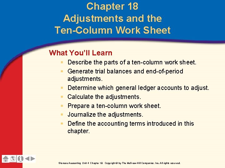 Chapter 18 Adjustments and the Ten-Column Work Sheet What You’ll Learn § Describe the