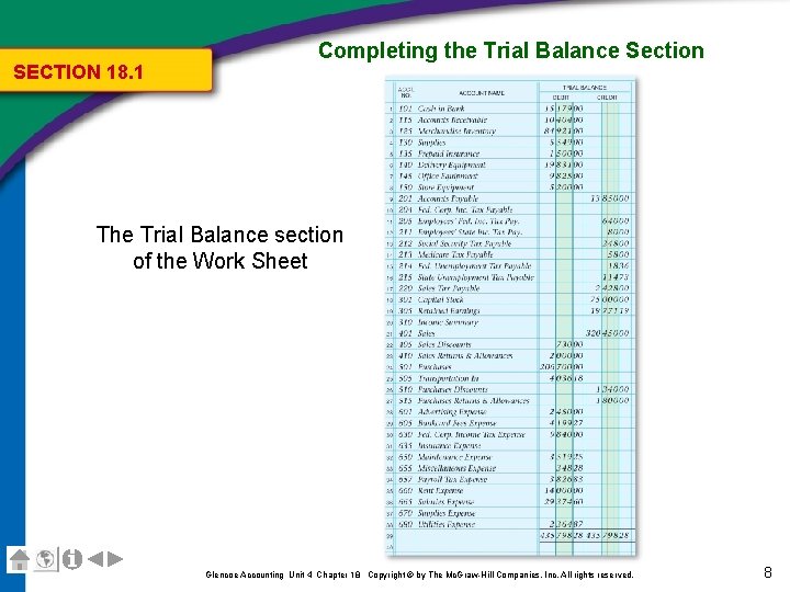 SECTION 18. 1 Completing the Trial Balance Section The Trial Balance section of the
