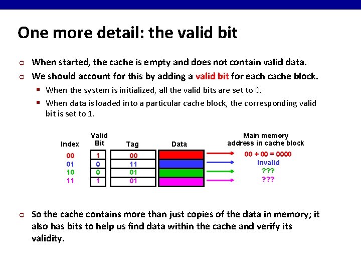 One more detail: the valid bit ¢ ¢ When started, the cache is empty