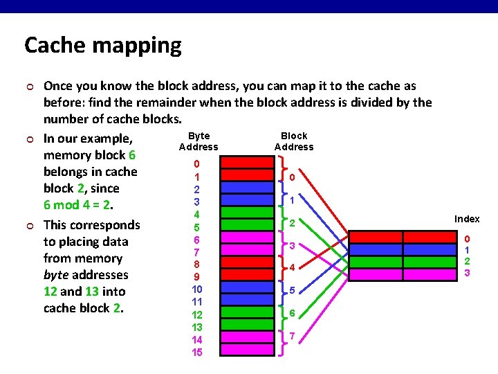 Cache mapping ¢ ¢ ¢ Once you know the block address, you can map