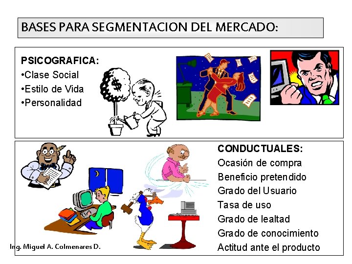 BASES PARA SEGMENTACION DEL MERCADO: PSICOGRAFICA: • Clase Social • Estilo de Vida •