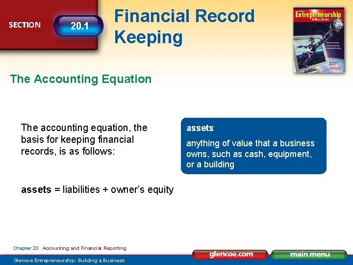 SECTION 20. 1 Financial Record Keeping The Accounting Equation The accounting equation, the basis