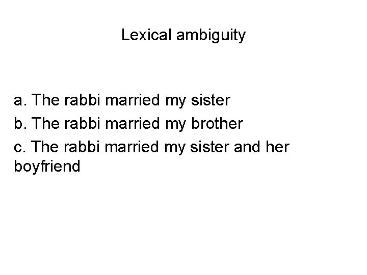 Lexical ambiguity a. The rabbi married my sister b. The rabbi married my brother