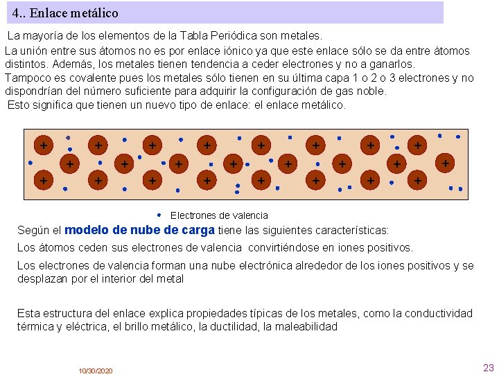 4. . Enlace metálico La mayoría de los elementos de la Tabla Periódica son