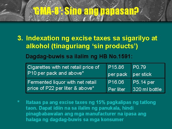 ‘GMA-8’: Sino ang papasan? 3. Indexation ng excise taxes sa sigarilyo at alkohol (tinaguriang