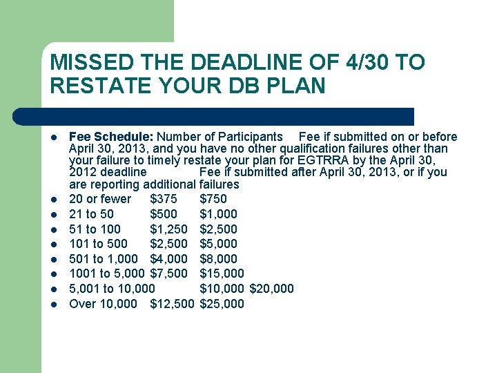 MISSED THE DEADLINE OF 4/30 TO RESTATE YOUR DB PLAN l l l l