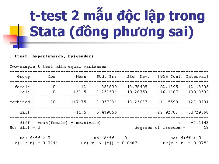 t-test 2 mẫu độc lập trong Stata (đồng phương sai). ttest hypertension, by(gender) Two-sample