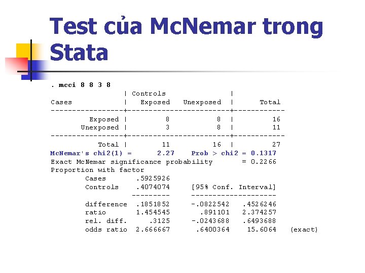 Test của Mc. Nemar trong Stata. mcci 8 8 3 8 | Controls |