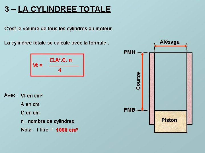 3 – LA CYLINDREE TOTALE C’est le volume de tous les cylindres du moteur.