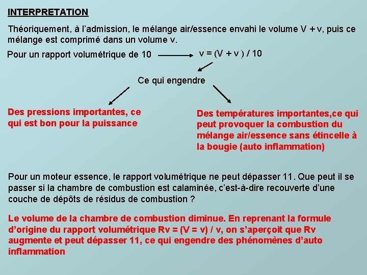 INTERPRETATION Théoriquement, à l’admission, le mélange air/essence envahi le volume V + v, puis