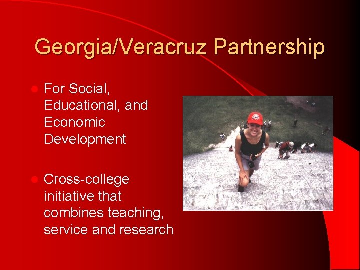 Georgia/Veracruz Partnership l For Social, Educational, and Economic Development l Cross-college initiative that combines