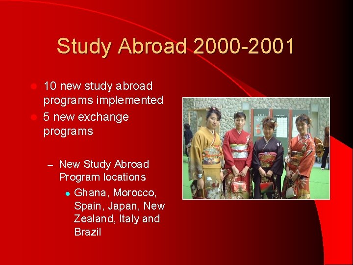 Study Abroad 2000 -2001 10 new study abroad programs implemented l 5 new exchange