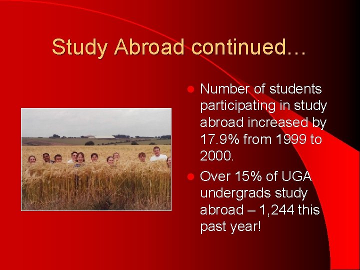 Study Abroad continued… Number of students participating in study abroad increased by 17. 9%