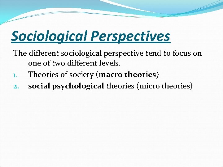 Sociological Perspectives The different sociological perspective tend to focus on one of two different
