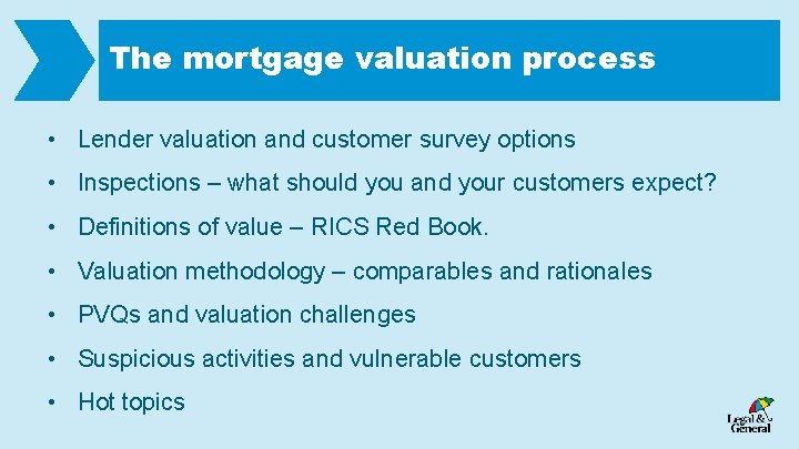The mortgage valuation process • Lender valuation and customer survey options • Inspections –