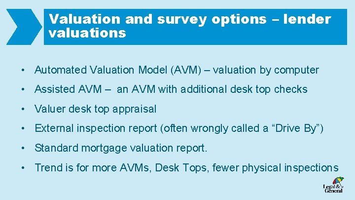Valuation and survey options – lender valuations • Automated Valuation Model (AVM) – valuation