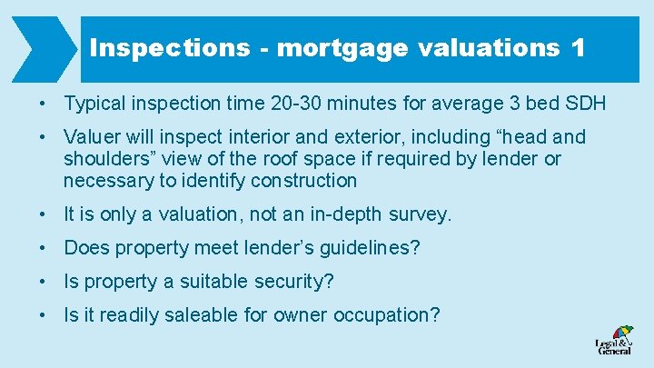 Inspections - mortgage valuations 1 • Typical inspection time 20 -30 minutes for average