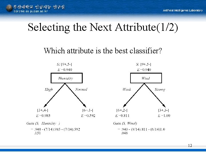 Selecting the Next Attribute(1/2) Which attribute is the best classifier? 12 
