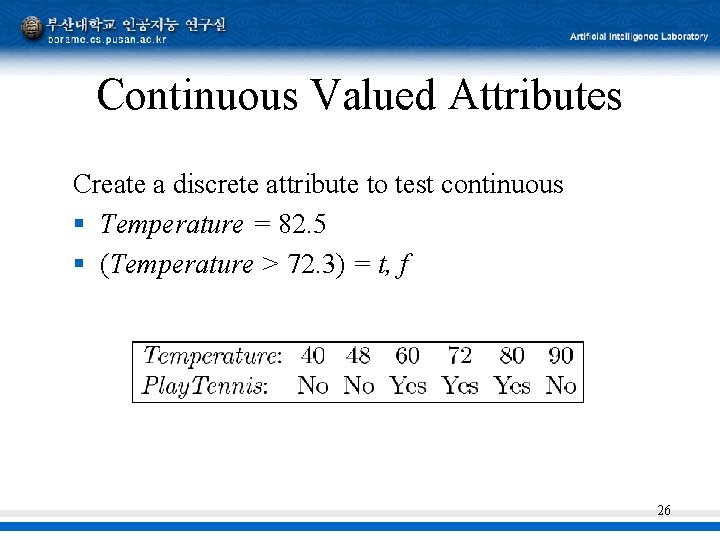 Continuous Valued Attributes Create a discrete attribute to test continuous § Temperature = 82.