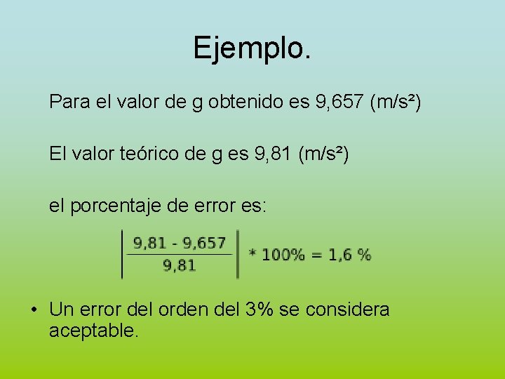 Ejemplo. Para el valor de g obtenido es 9, 657 (m/s²) El valor teórico