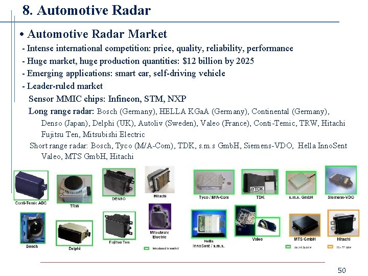 8. Automotive Radar • Automotive Radar Market - Intense international competition: price, quality, reliability,