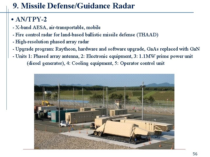 9. Missile Defense/Guidance Radar • AN/TPY-2 - X-band AESA, air-transportable, mobile - Fire control