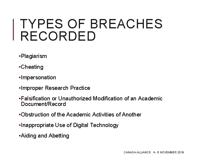 TYPES OF BREACHES RECORDED • Plagiarism • Cheating • Impersonation • Improper Research Practice