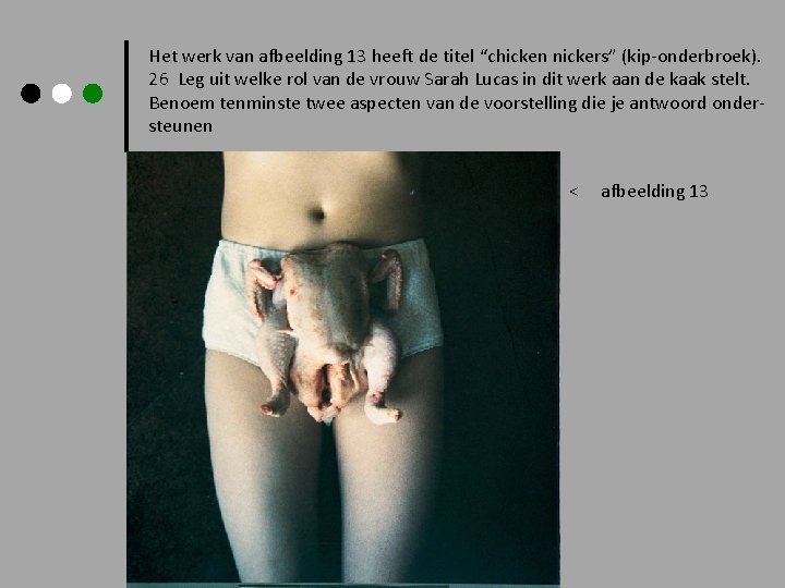 Het werk van afbeelding 13 heeft de titel “chicken nickers” (kip-onderbroek). 26 Leg uit Het werk van afbeelding 13 heeft de titel “chicken nickers” (kip-onderbroek). 26 Leg uit