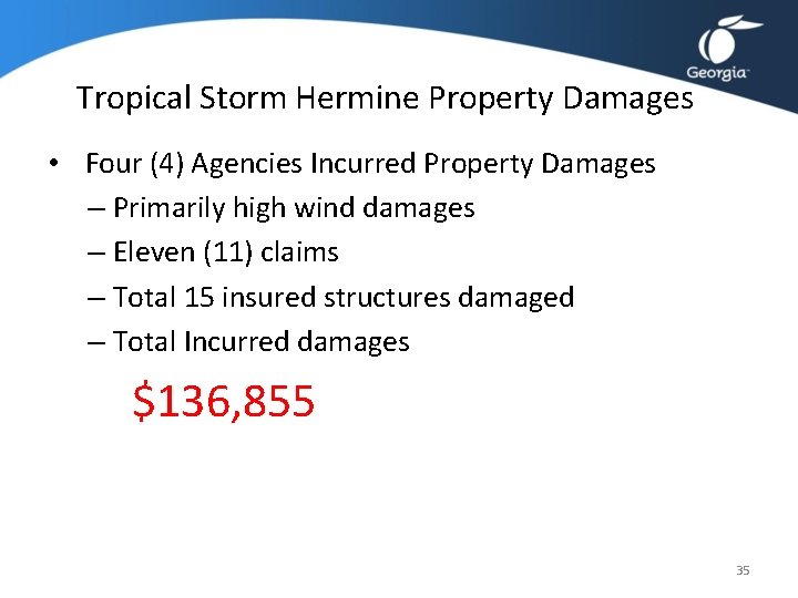 Tropical Storm Hermine Property Damages • Four (4) Agencies Incurred Property Damages – Primarily Tropical Storm Hermine Property Damages • Four (4) Agencies Incurred Property Damages – Primarily