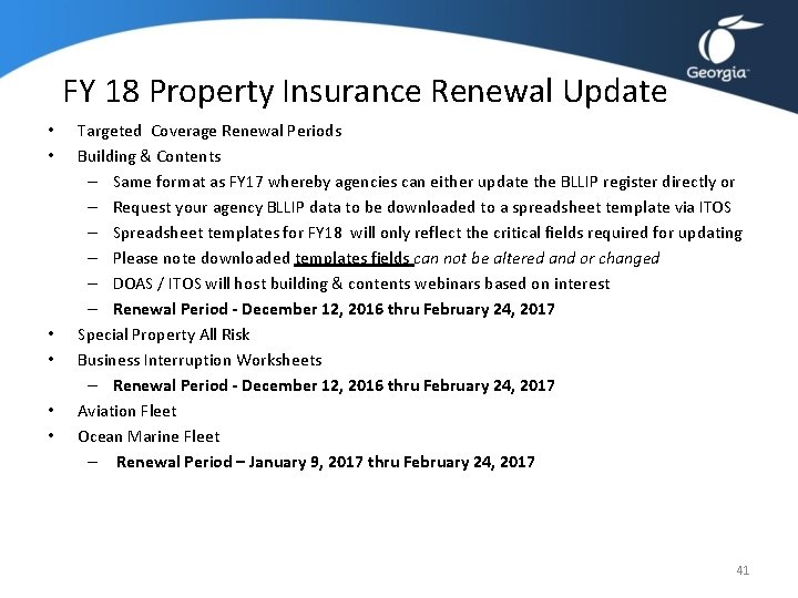FY 18 Property Insurance Renewal Update • • • Targeted Coverage Renewal Periods Building FY 18 Property Insurance Renewal Update • • • Targeted Coverage Renewal Periods Building